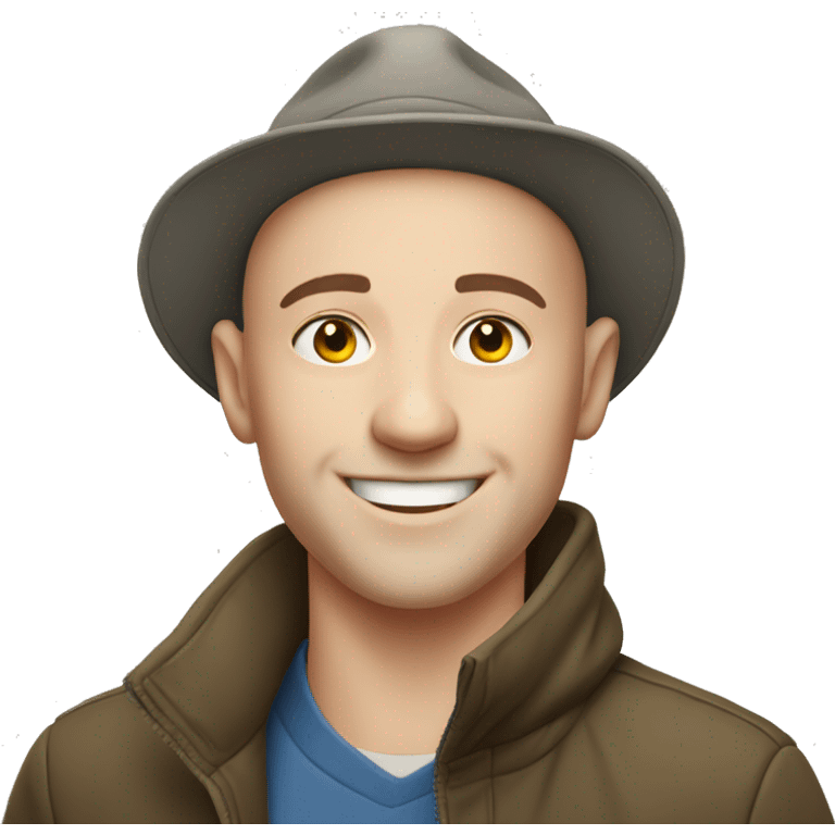 smiling white young bald man outdoors with hat emoji