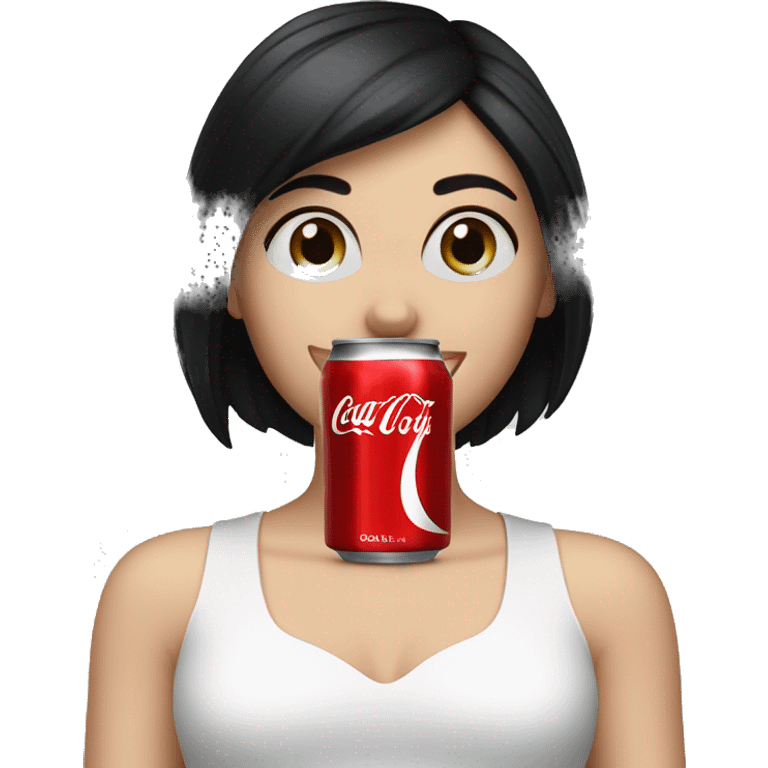 White girl, black hair, drinking Coke zero emoji