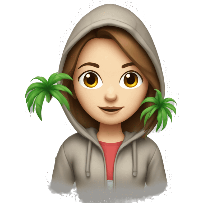 White girl with brown hair wearing a hoodie carrying a small palm tree emoji