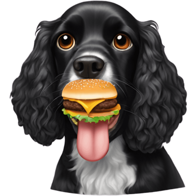 Black cocker spaniel eating a cheeseburger emoji