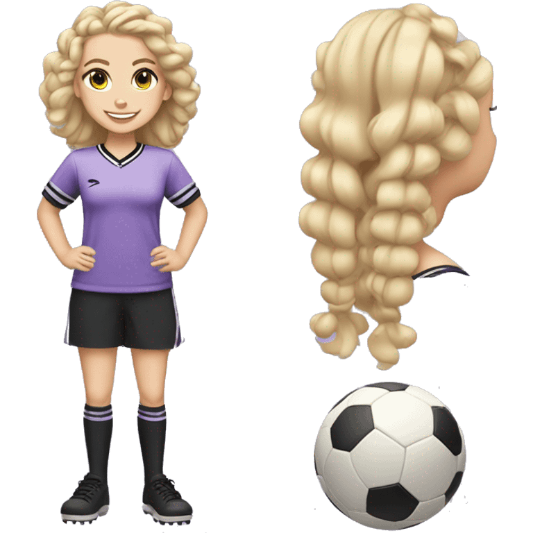 BLONDE GIRL WITH LONG HAIR, WHITE COMPLEXION WITH CURLERS, PLAYING FOOTBALL SMILING WITH BRAIDS, WEARING A LILAC AND BLACK T-SHIRT WITHOUT STRIPES, FULL BODY WITH A BALL emoji