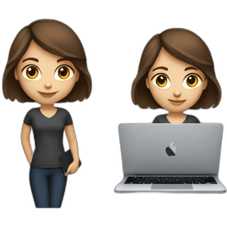 Beautiful programmer girl with brown hair working with MacBook emoji