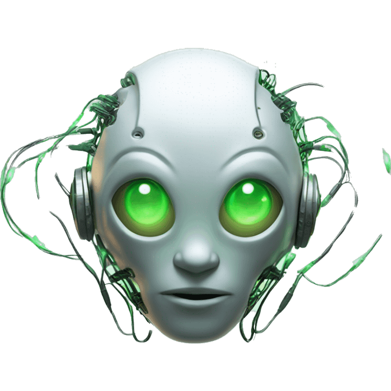 Round Alien cyborg head with glowing wires and green eyes  emoji