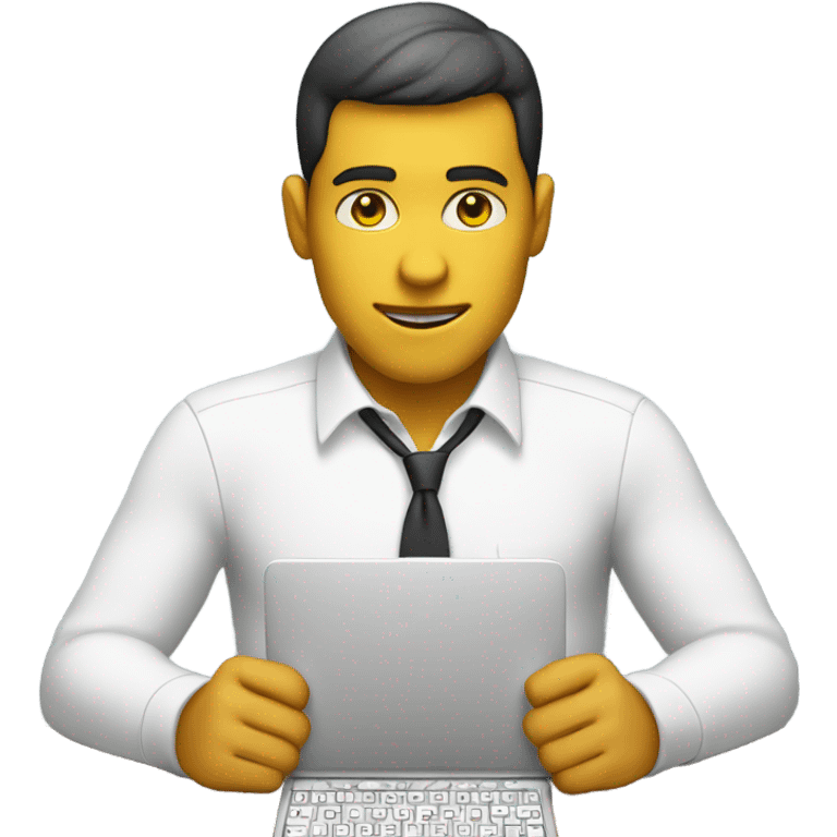 yellow skin man using white keyboard on desk wearing white button down shirt front view emoji