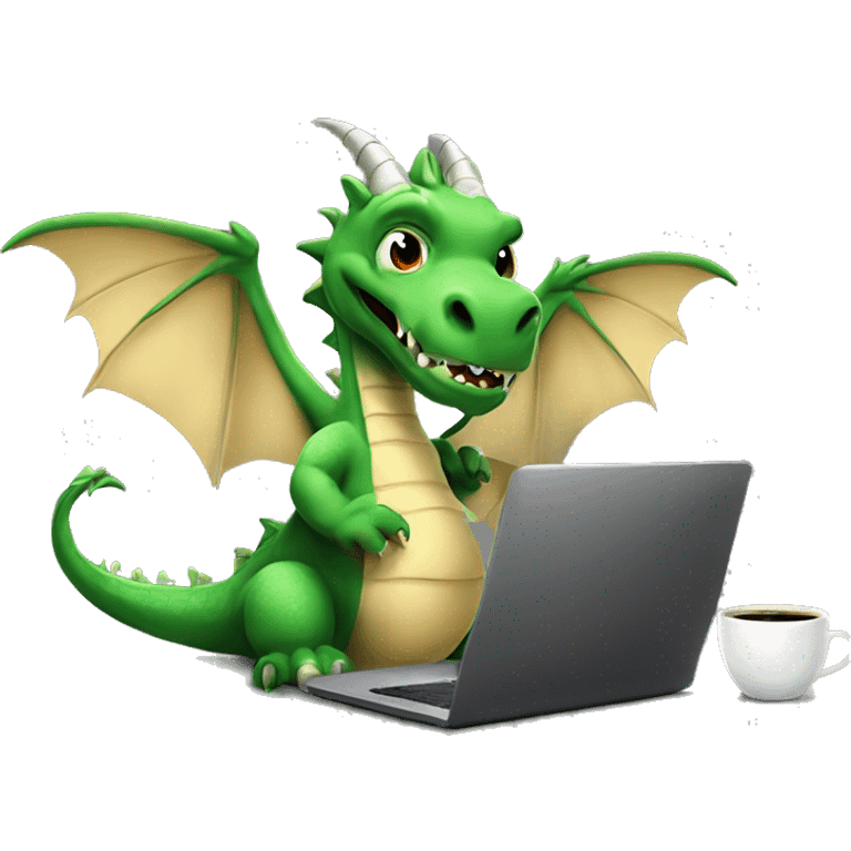 real life dragon with wings, working on a laptop, wearing a shirt with the words hump day on it, with a cup of coffee in his right hand emoji