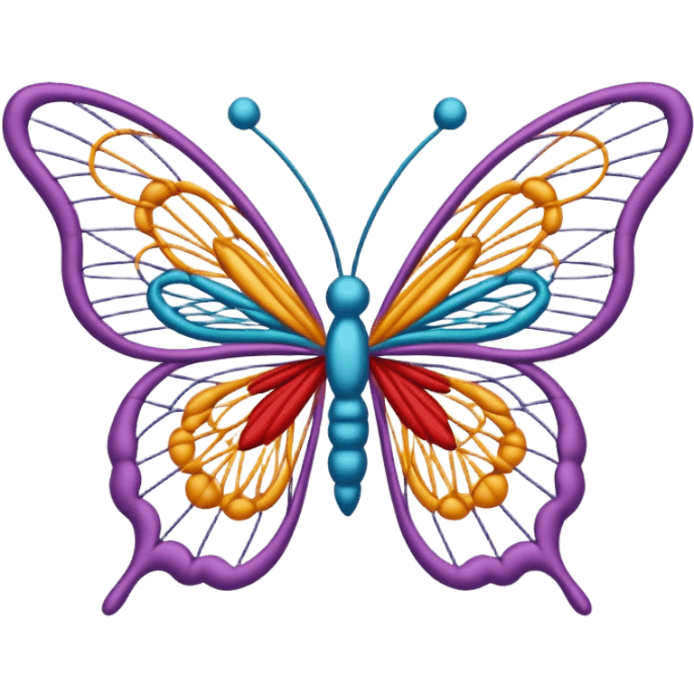 String art icon, colorful butterfly made with threads, wings formed by intricate thread patterns, body of the butterfly with visible thread ball structure, minimalistic style, clean lines, transparent background. emoji