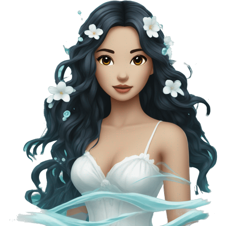 Pretty young Lady doll posing posed pose with long black hair flowers in hair white dress surrounded by flowing water water swirls waves emoji