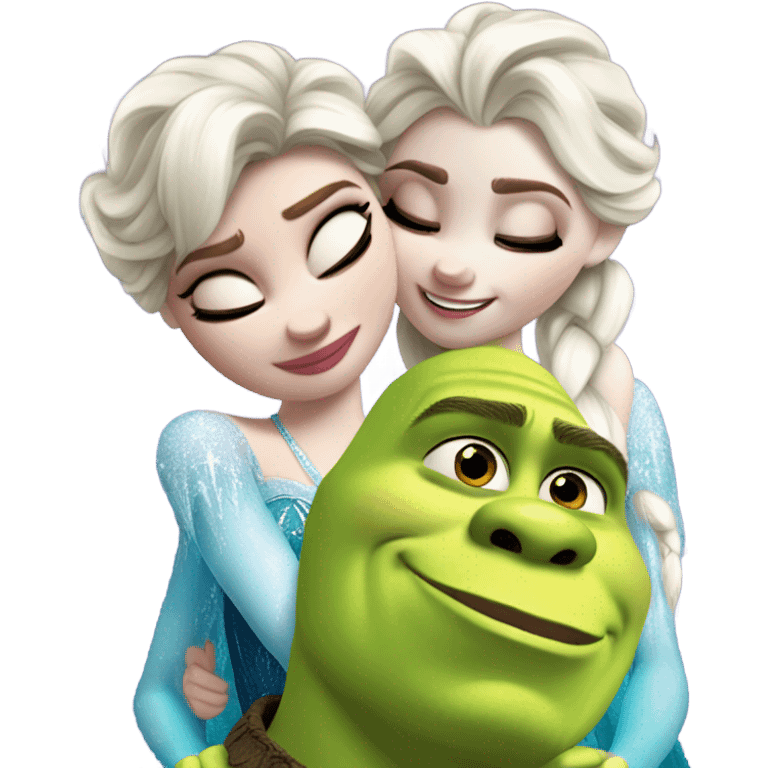 Frozen Elsa giving a hug to shrek and a kiss emoji