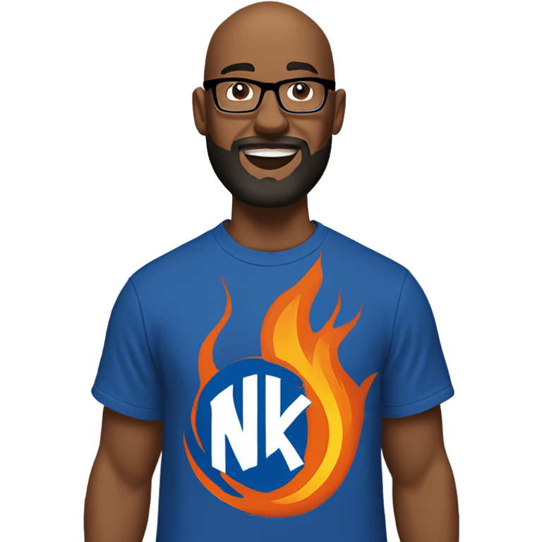 A Bald man with a beard, goatee, and glasses wearing a New York Knick tee shirt while standing and throwing flames. emoji