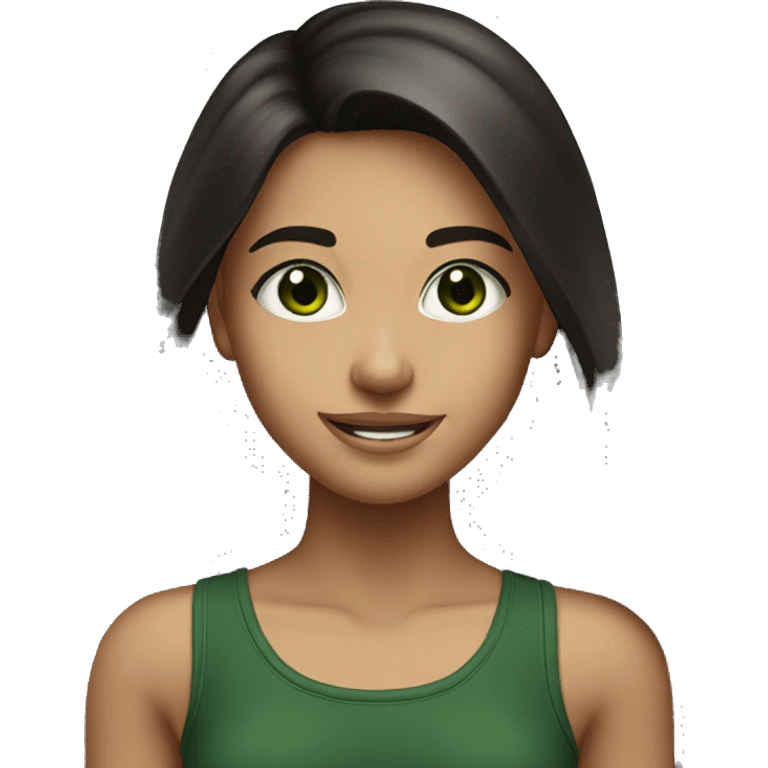 smiling girl with long dark brown hair dark green eyes black tanktop  emoji