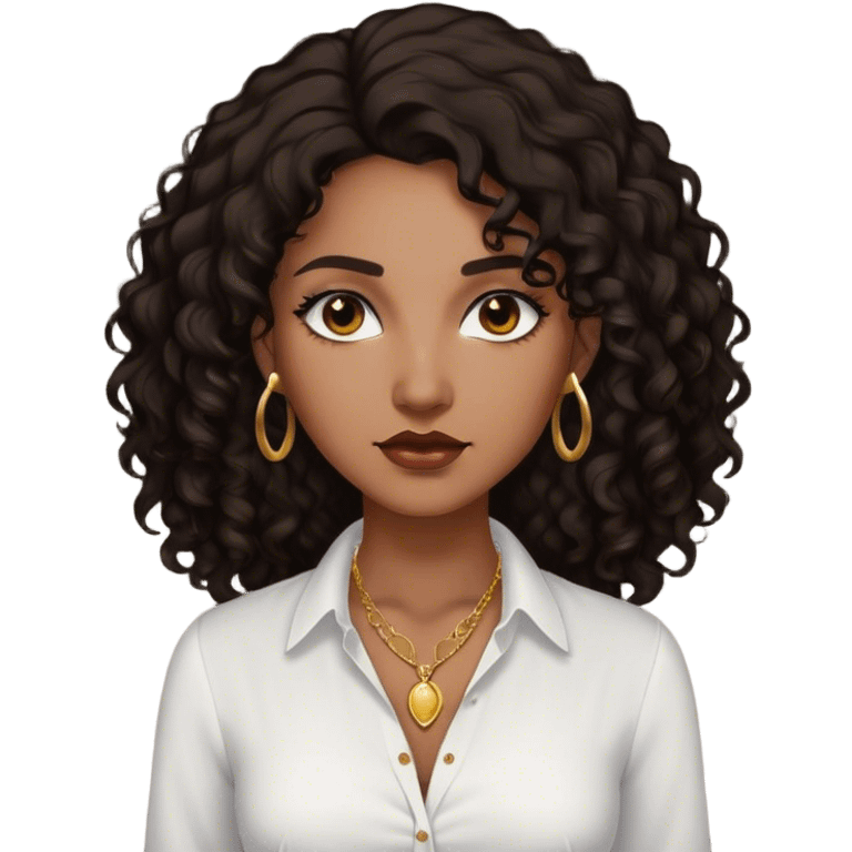 Dark Brown woman with dark curly long hair white dress shirt with gold small necklace no earrings emoji