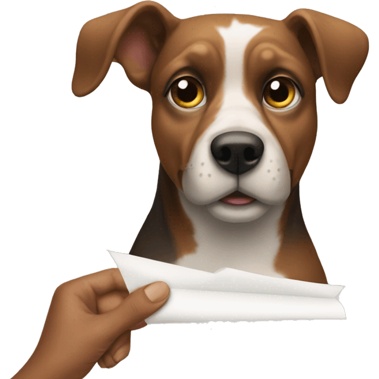 a dog holding a paper that says " made by ai emoji" emoji