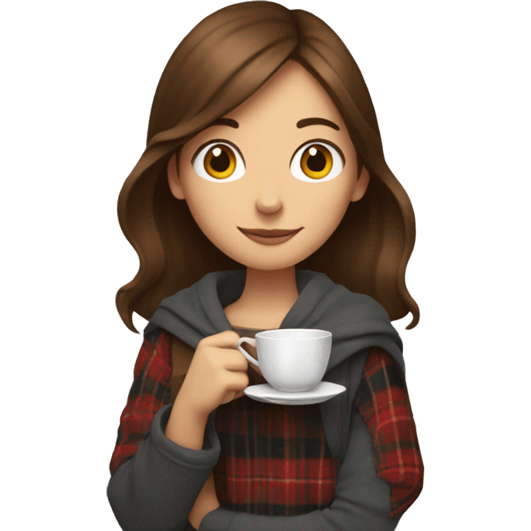 A girl with brown hair is holding a cup of tea, a plaid is draped over her shoulders emoji