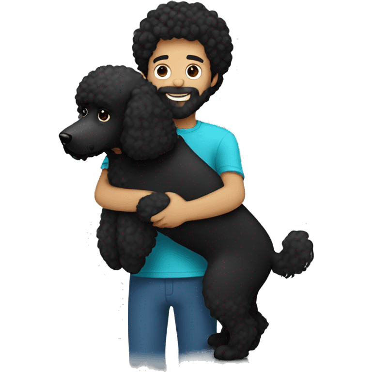 Black-haired and white guy with beard hugs black poodle dog  emoji