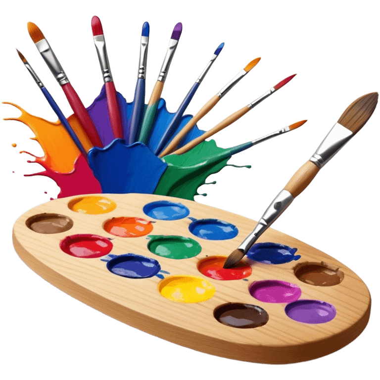 Cinematic Realistic image of a vibrant paint palette and brush, featuring a wooden palette smeared with an array of richly blended colors and a finely detailed brush with soft, delicate bristles, set against a softly textured background that evokes artistic inspiration emoji