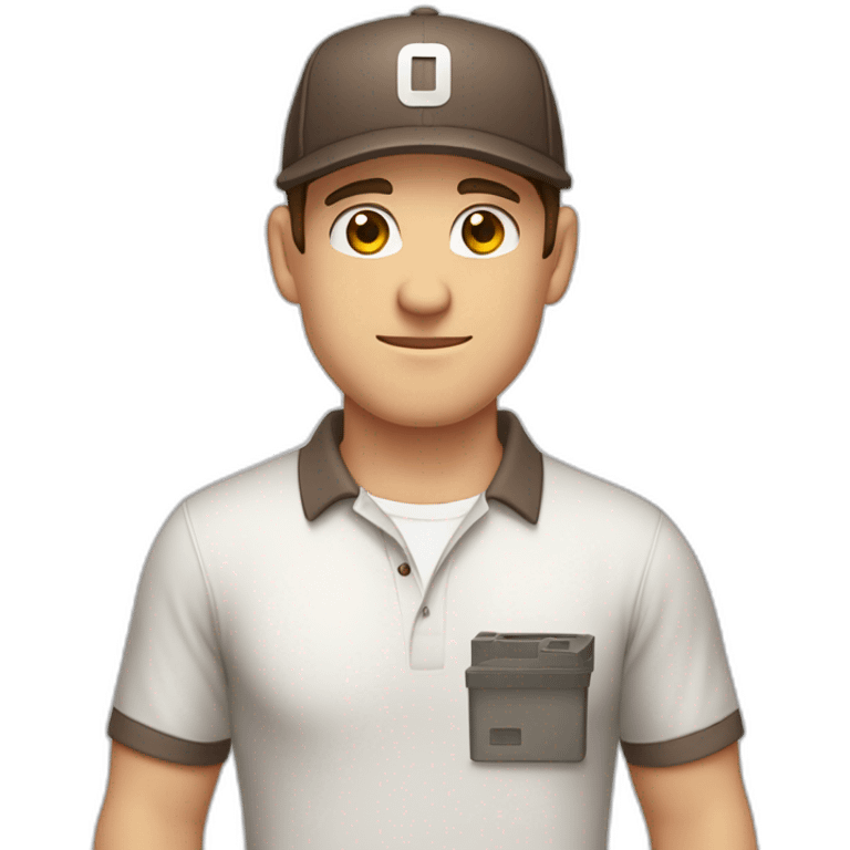 Pale skinned fit Man with dark brown hair in a light gray cap, dark brown jeans, brown polo and white T-shirt keeping a pasted with tape white box into his hands emoji