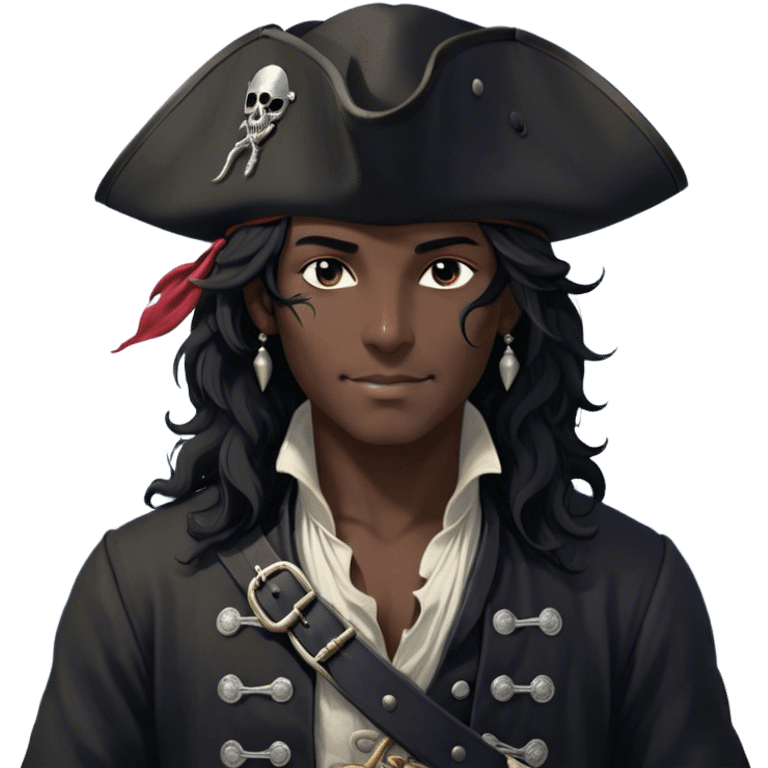 A charismatic pirate with wavy black hair that falls just past his shoulders, tousled slightly by the sea breeze. He wears a black tricorn hat with subtle silver embroidery along the edges, casting a shadow over his sharp, confident features. His piercing dark eyes glint with mischief as he gazes to the side, a knowing smile playing at his lips. His well-fitted black coat, adorned with polished silver buttons and intricate stitching, moves slightly with the wind, revealing glimpses of a deep-crimson waistcoat underneath. A silver chain dangles from his belt, catching the dim golden light of the setting sun. His posture is relaxed yet assured, exuding effortless charm as if he owns the sea itself. emoji