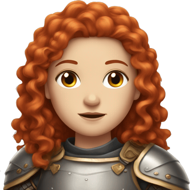 a white girl with long red curly hair and freckles, wearing armor emoji