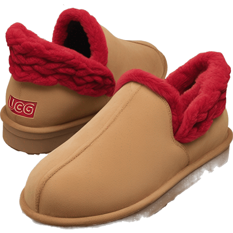 Camel colored platform slip-on UGG slippers. has a Very thin red woven zig-zag trim on the cuff emoji