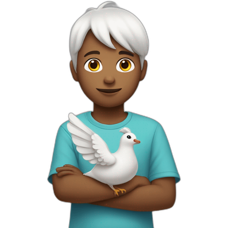 boy with a dove on his head having a peace sign emoji