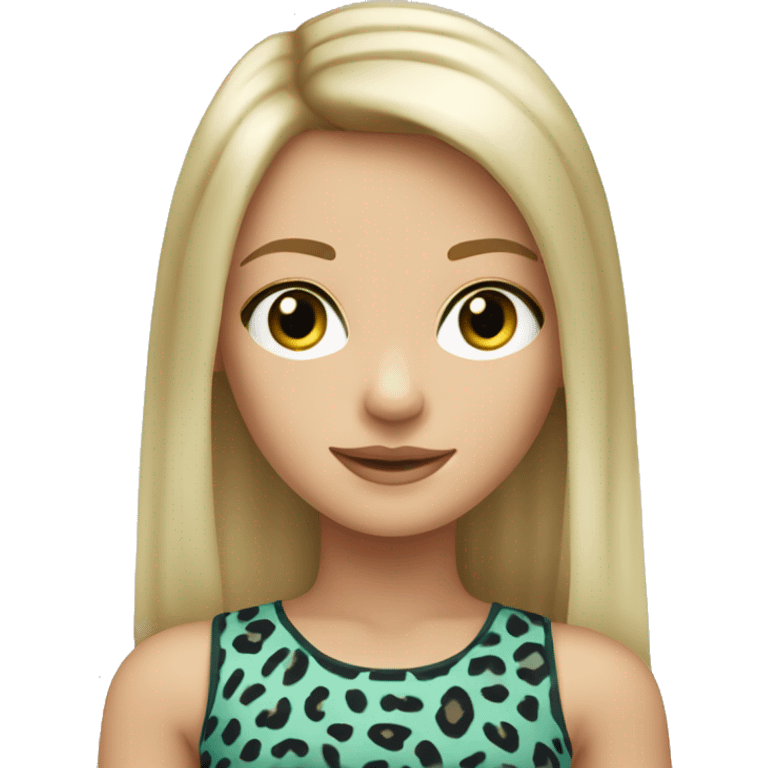 light blond girl with grey-green eyes and straight hair with a leopard printed crop top emoji