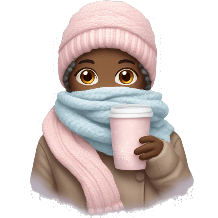 Create a cozy, feminine winter-themed emoji with pastel colors like pink and light blue. Include elements like a hot chocolate cup, scarf, sweater, and snowflakes, giving a warm, inviting winter vibe. emoji