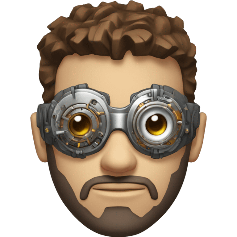 male cyborg head with brown short hair, brown beard, silver steampunk goggles and circuits emoji