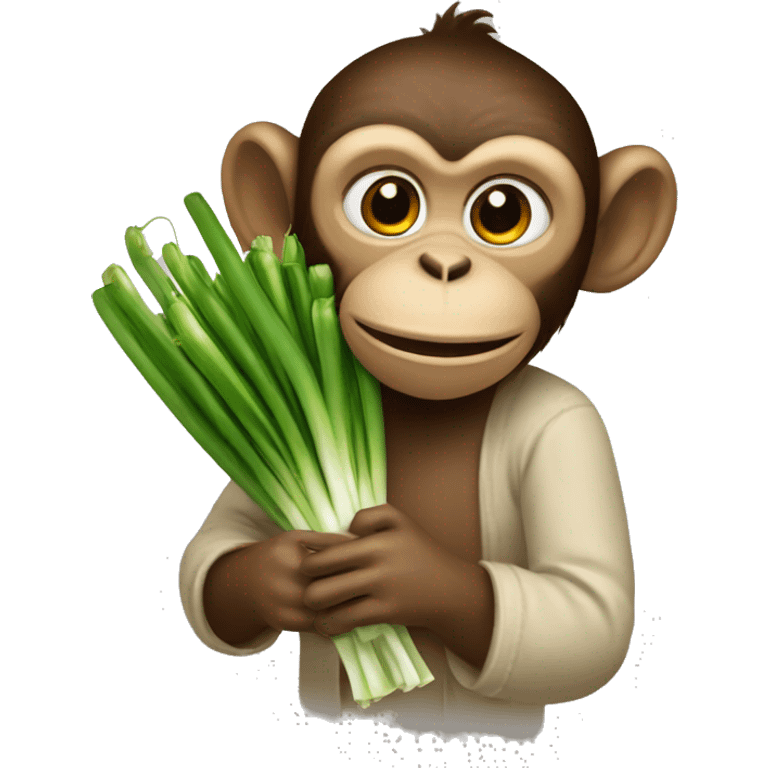 monkey holding a bouquet of onions and spring onions emoji