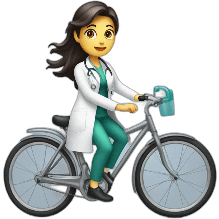 long and dark hair female doctor riding a shiny bicycle emoji