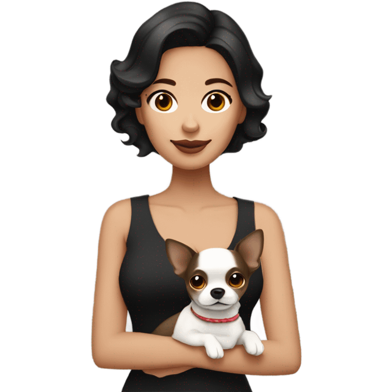 Wavy dark brown short hair Filipino lady with black and white Chihuahua  emoji