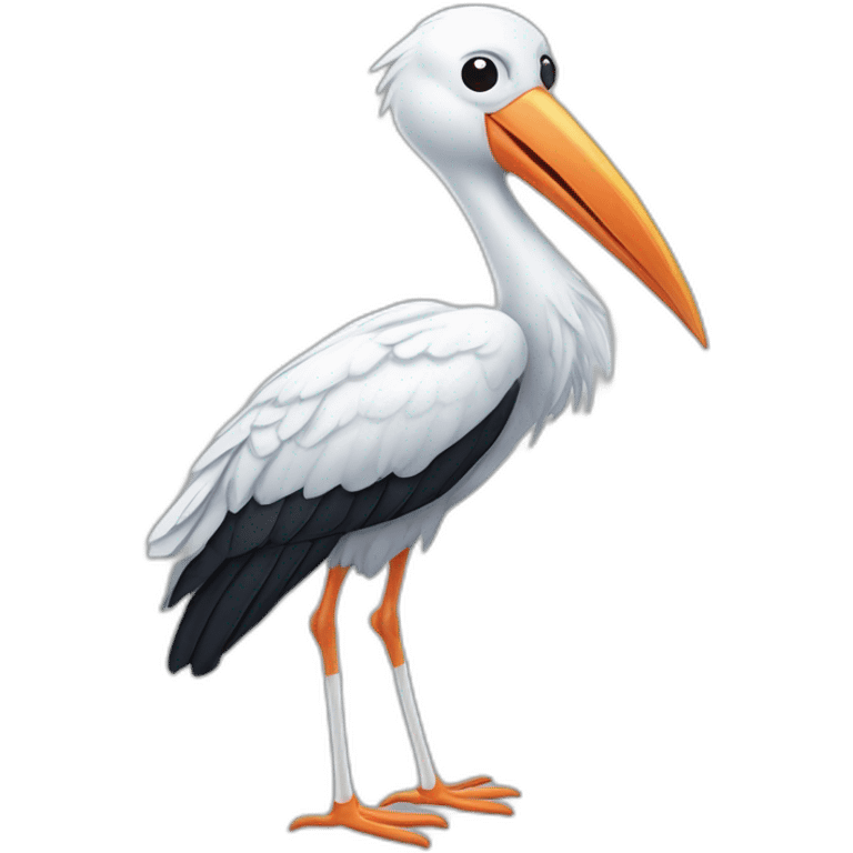  white stork with long legs and a long beak flying in the sky. The stork is carrying a blue bundle of cloth in its beak that has a cute white baby face peeking out from it with black head emoji