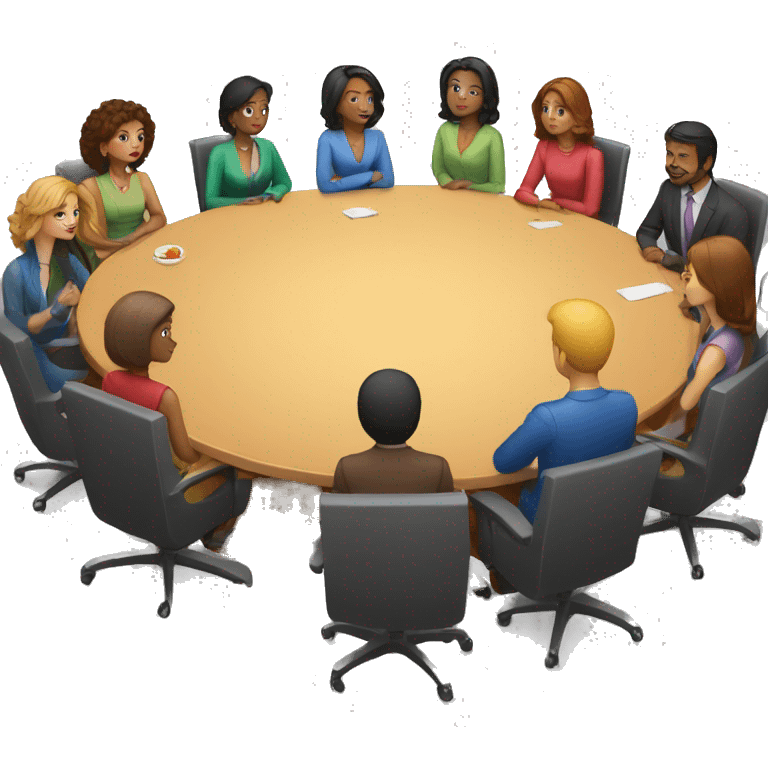 A round table with people sitting around it. They should be diverse in race and hair style emoji