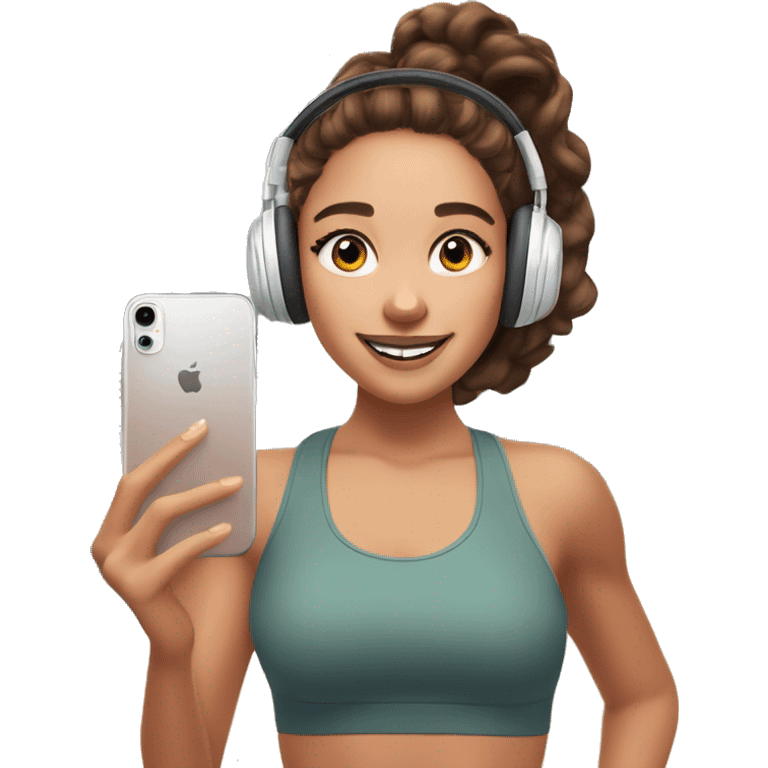 girl with brown hair and brown eyes, fit, in AirPods Max headphones takes a selfie in the mirror of the gym emoji