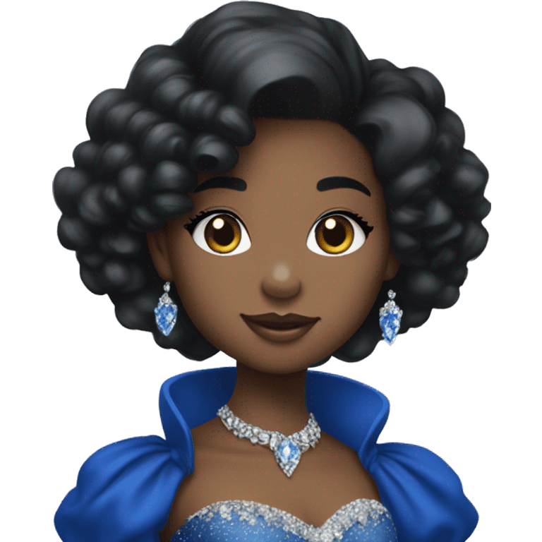 A young black princess with a royal blue dress and gloves, with black puffy hair with diamond hair accessories,and diamond jewelry emoji