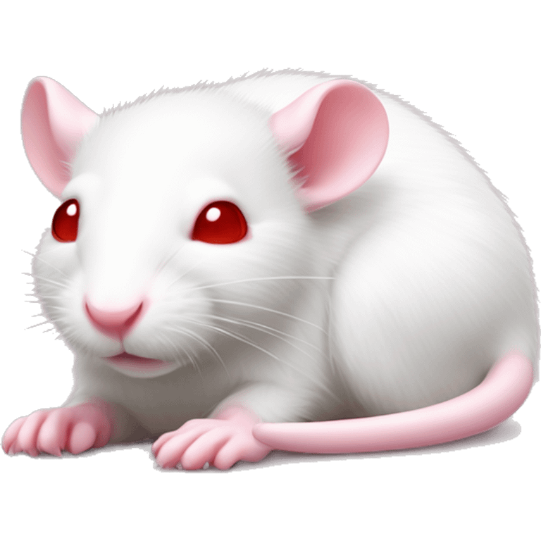 Realistic white rat with small ears, bright red small eyes and baby pink tail wrapped around body and baby pink paws in sleeping position neutral face eyes open body is lying down curled up emoji