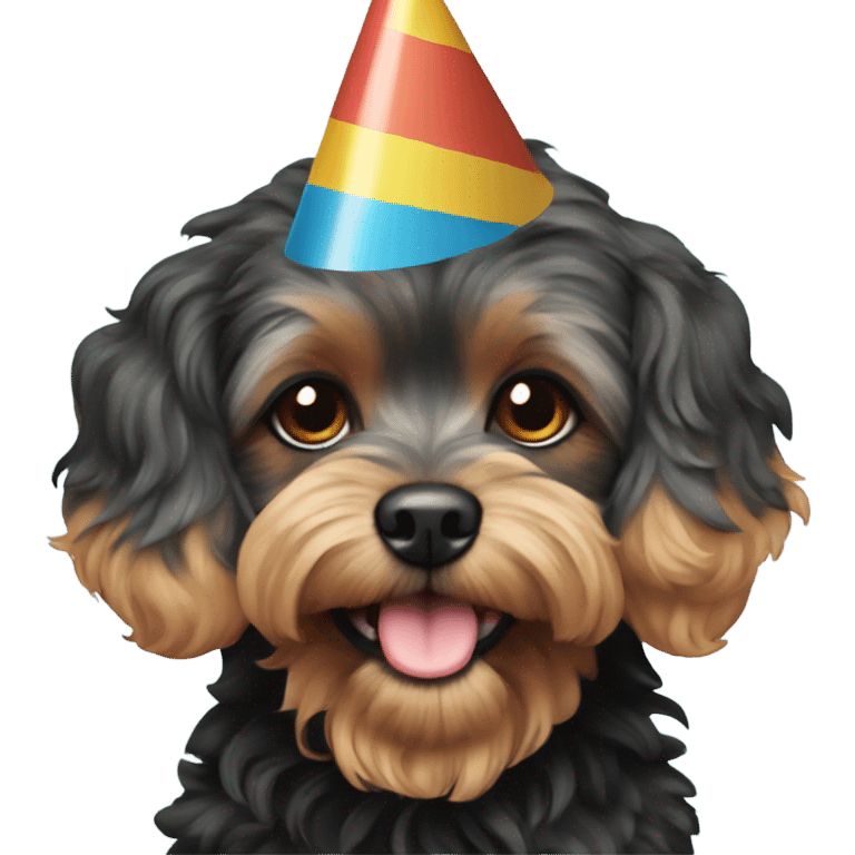 Black fur Cavapoo with birthday hat emoji