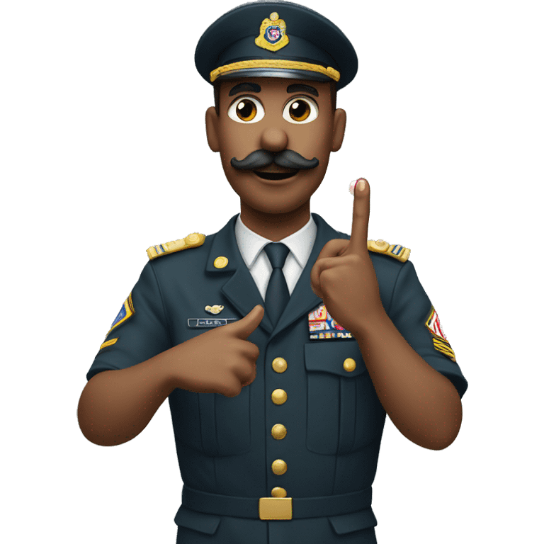 Military man with toothbrush mustache throwing a heart sign with his hands emoji