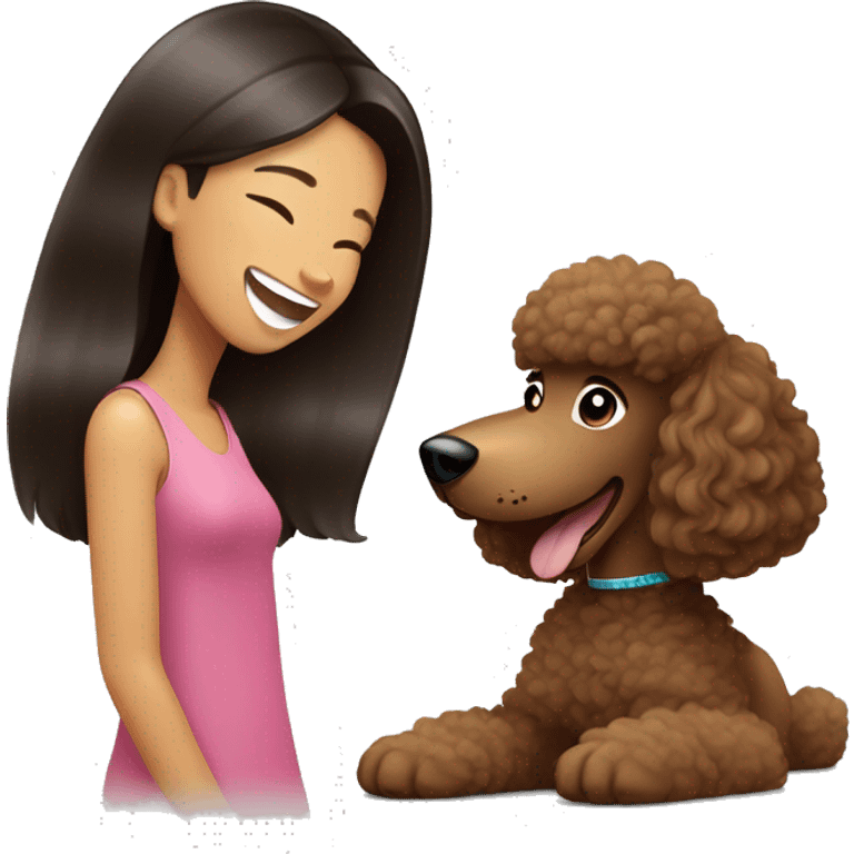 Long Black Brown Straight Hair Asian Woman Laughing With Brown Poodle Puppy emoji