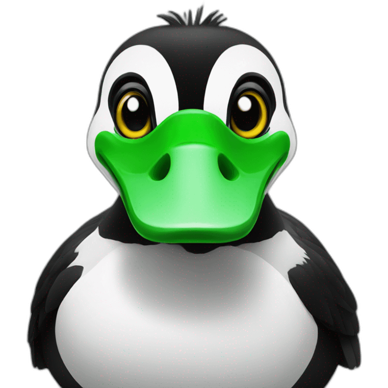 A green duck sitting on top of a black and white badger emoji