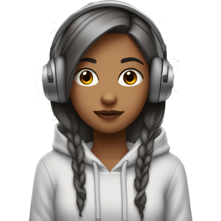 Girl with headphones  i said no eyes. Wearing hoodie of ofgray color hairs are brown and and upto shoulders.  emoji