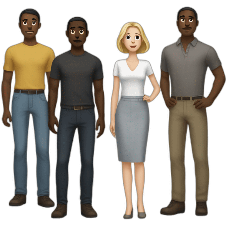 six dark-skinned men stand behind a pale woman emoji