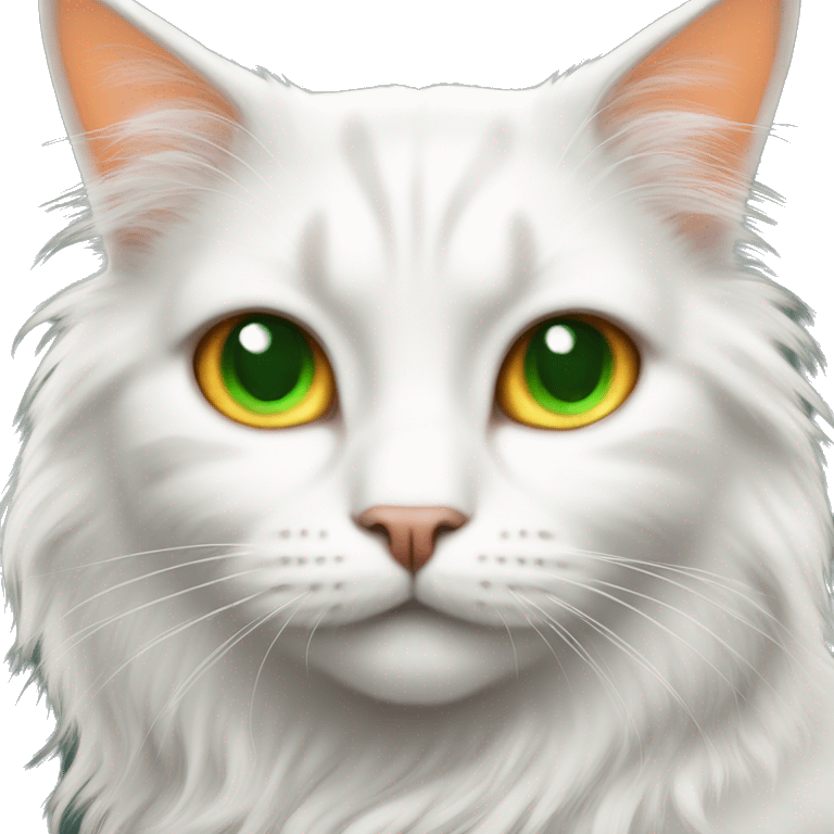 Long haired white cat with green eyes and small orange spots emoji