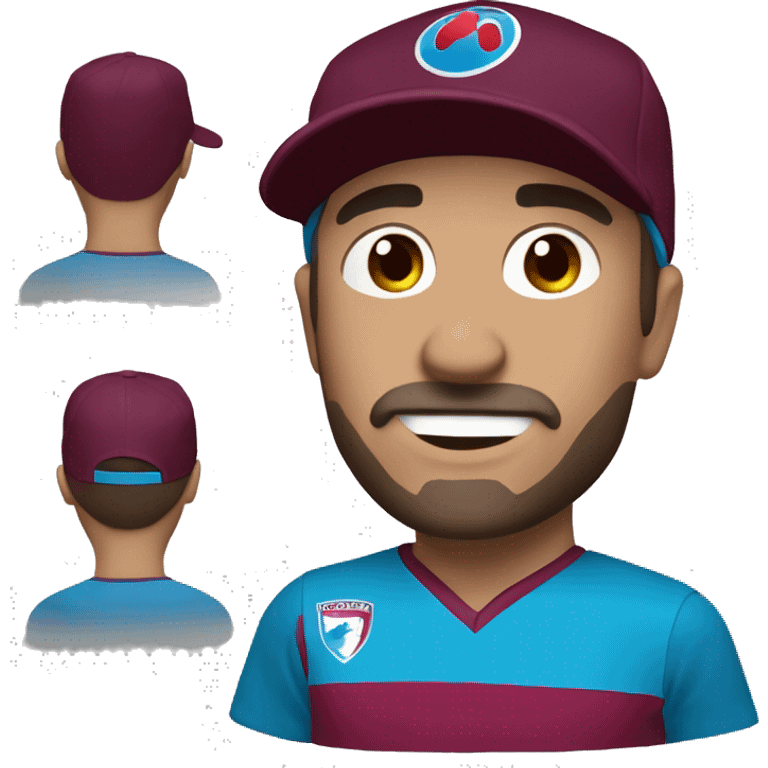 create en emoji , A man in his 30s wearing a maroon and blue Trabzonspor jersey. He has a maroon and blue coloured sport cap on his head and a slight smile on his face. emoji