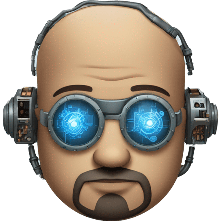 Bearded Fat bald cyborg head with brown skin, blue steampunk goggles and circuits emoji