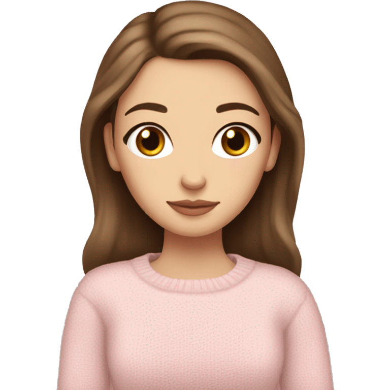 Brown haired Pretty brown eyed white girl with light pink sweater reading cozy emoji