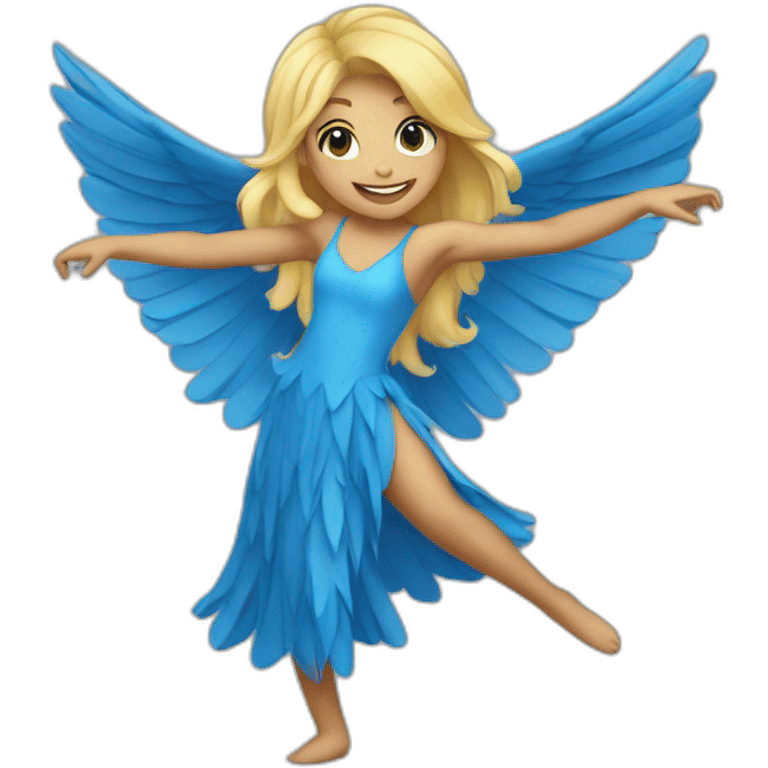 blonde girl dancing in a blue bird costume emoji