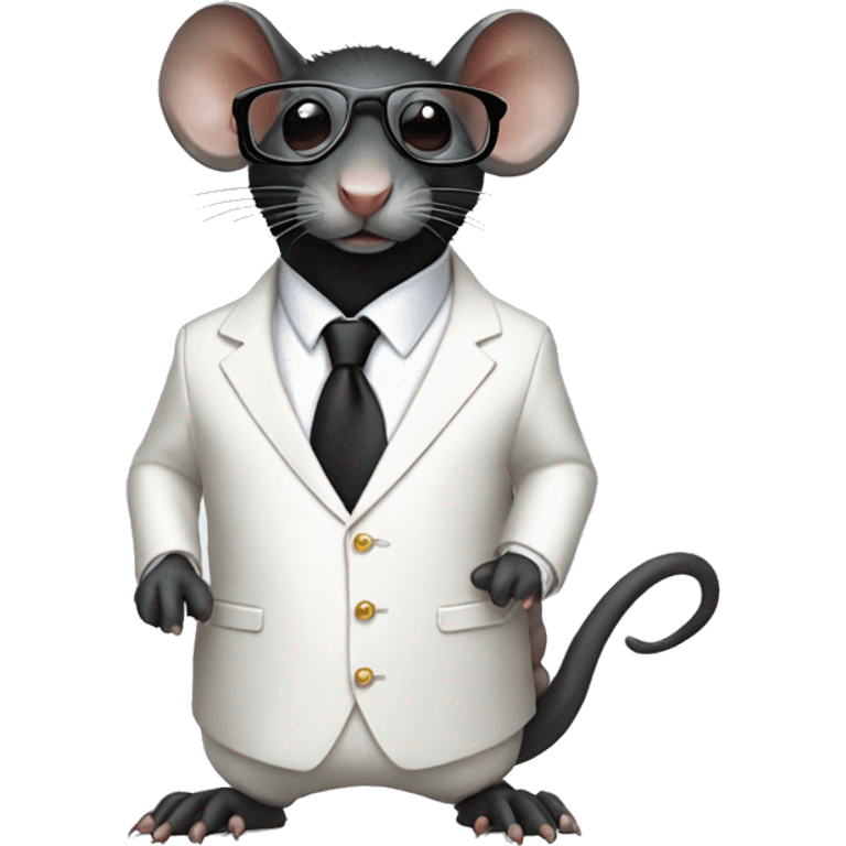 Black rat wearing a white suit, luxurious shoes and glasses  emoji