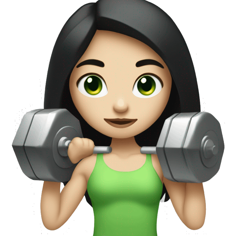 Pale girl with long black hair and green eyes lifting weights emoji