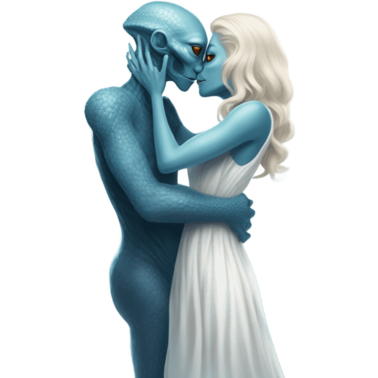 Alien reptilian woman in white dress hugs and kissing a normal "white male human man" in blue dress emoji