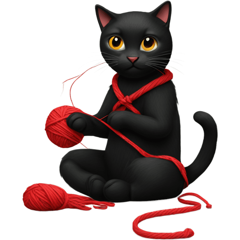 Black cat knitting with red yarn emoji